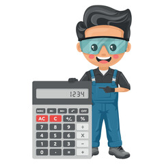 Maintenance technician with a calculator for financial analysis, accounting and budget calculation. Handyman focused on maintenance tasks, repairs in industrial and domestic environments