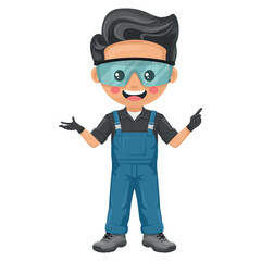 Maintenance technician pointing his finger. Express an idea and indicate with the index finger. Handyman focused on maintenance tasks, repairs in industrial and domestic environments