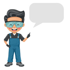 Maintenance technician with dialog box vignette with copy space for text for advertising, brochures. Handyman focused on maintenance tasks, repairs in industrial and domestic environments