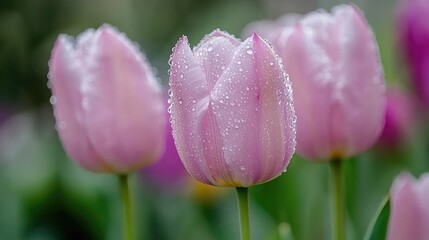 Fototapeta premium Soft Pink Tulips with Dew Drops in Garden Setting