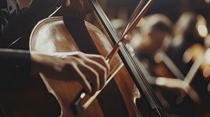 A close-up of a musician's hands playing a cello during a performance. The wooden instrument and bow are in focus, while the rest of the orchestra is blurred in the background.