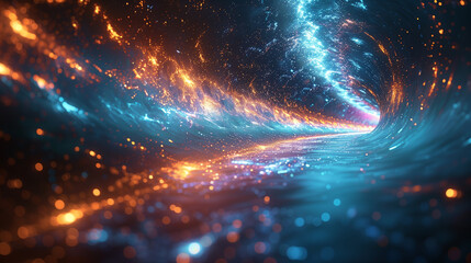 Obraz premium Abstract dynamic glowing tunnel on violet blue background. Futuristic particle abstraction. train of thought, neural connection, brainstorming,