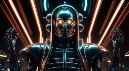 retro futuristic oracle with neon lights and chrome exoskeleton in cyberpunk city
