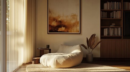 A cozy living room with a plush beanbag chair, a large abstract painting, and a bookshelf.