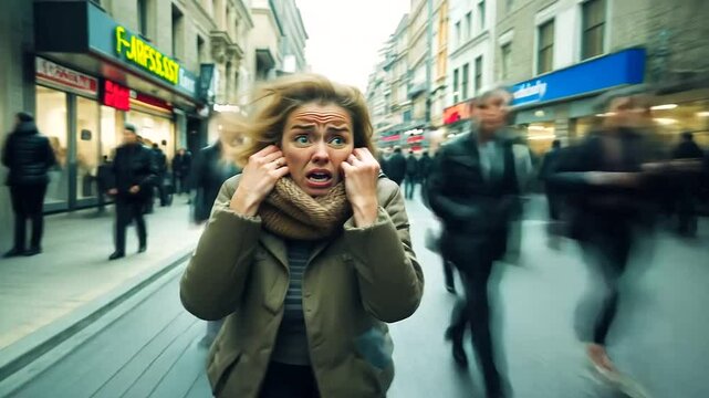 A woman experiencing a panic attack in the middle of a busy city street, clutching her chest and struggling to breathe as people walk past her, unaware of her mental health crisis