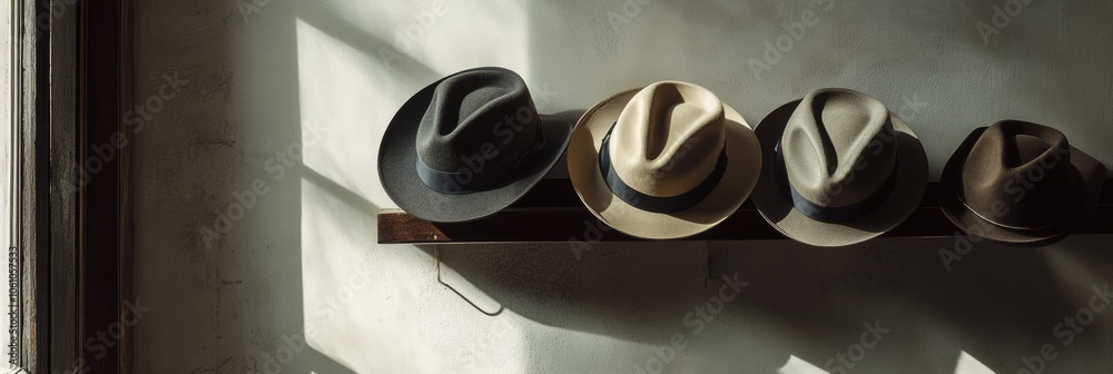 Aufkleber Several classic fedora hats are neatly arranged on a shelf, illuminated by soft sunlight creating elegant shadows in the room. Generative AI
