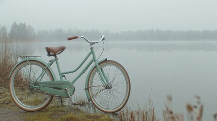 Fototapeta premium Vintage Bicycle by Calm Lake in Serene Atmosphere