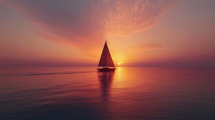 A sailboat sails across the water at sunset, the sky ablaze with vibrant hues of orange and pink.