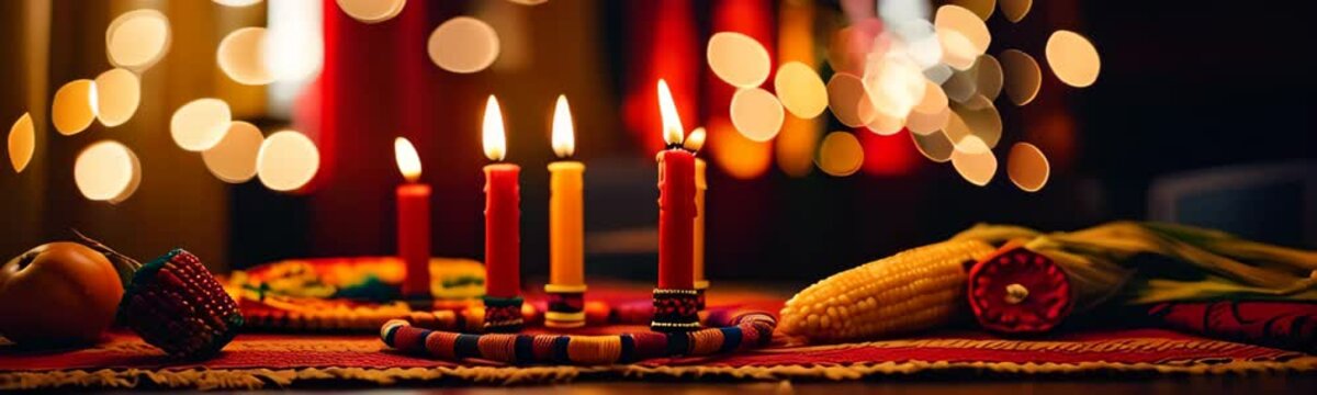 Celebration Kwanzaa setup with red, yellow, and green candles symbolizing the holiday&rsquo;s themes of unity and culture. Website banner