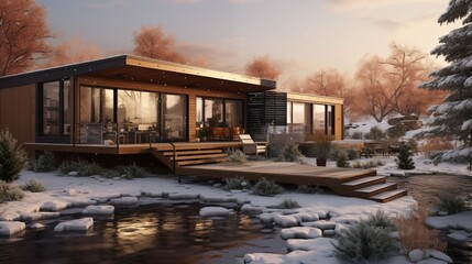 A modern wooden house surrounded by a snowy landscape with a serene stream. It reflects minimalist design and tranquility, ideal for winter retreats.