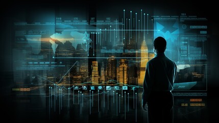 A person interacting with futuristic data visualizations, observing a cityscape at night, surrounded by digital graphs and analytics, representing technology and innovation.