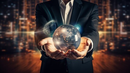 Fototapeta premium A businessman in a suit holds a glowing globe, symbolizing global connections and innovation in business. The futuristic background enhances the sense of opportunity.