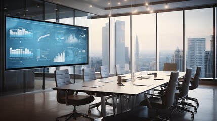 Naklejka na ściany i meble A modern conference room featuring a large digital display with graphs and charts, showcasing a panoramic city view. Ideal for business meetings and presentations.
