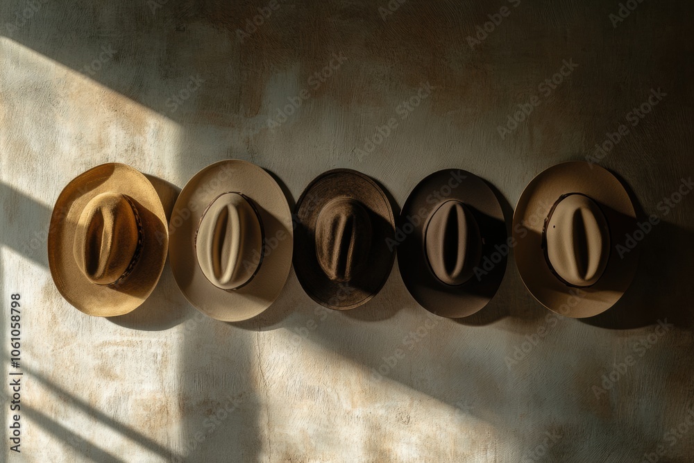 Aufkleber Several classic fedora hats are displayed in a row on a wall, softly lit by afternoon sunlight creating soothing shadows. Generative AI