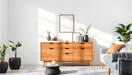 Obraz premium Modern scandinavian home interior with design wooden commode, plants in black pots, gray sofa, books and personal accessories. Stylish home decor. Template. Copy space. White walls isolated with whi