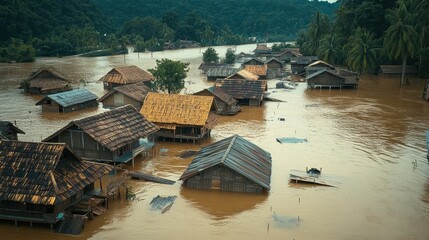 Naklejka premium Devastating Flood Ravages Remote Village in Tropical Paradise