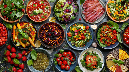 Fototapeta premium A variety of colorful salads and dishes are arranged on a dark surface, showcasing a vibrant and healthy meal