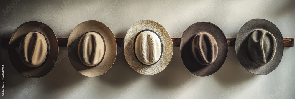 Poster several classic fedora hats elegantly arranged on a wooden rack create a stylish and vintage atmosph