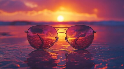 A stylish pair of sunglasses placed on a textured surface, reflecting a vibrant sunset.