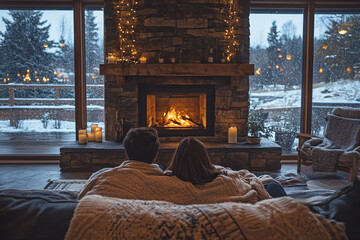 Couple Relaxing by Fireplace with Snowy Landscape