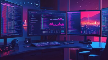 Futuristic Cyberpunk Night City Coding Workstation