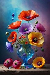 Vase filled with colorful flowers, including yellow, blue, red. Flowers creates sense of harmony, balance. For greeting cards, print, textile design, social media content, event decor,interior decor