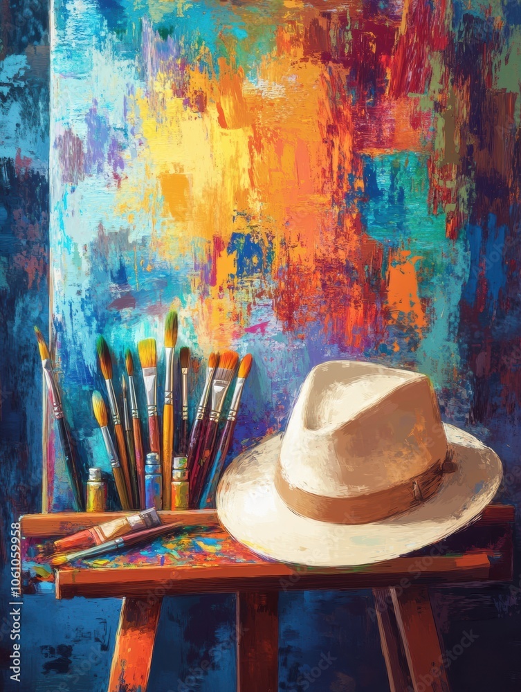 Leinwandbilder the artist's hat lies next to an array of brushes and paint tubes on an easel against a backdrop of 