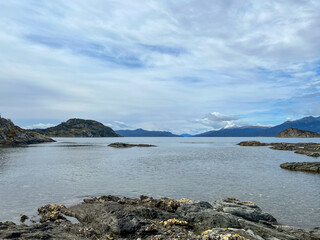 Argentina, Ushuaia - 2023, February: lake and mountains In Tierra del Fuego National Park 