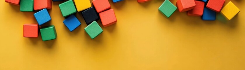 Colorful Wooden Blocks Scattered on Yellow Background