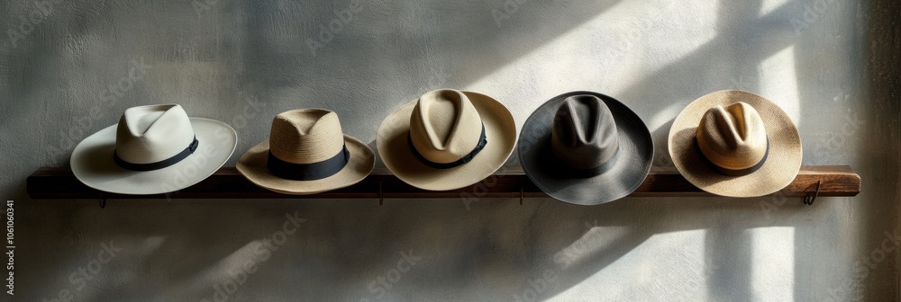 Poster several classic fedora hats in varying colors rest on a rustic wooden shelf, illuminated by gentle m