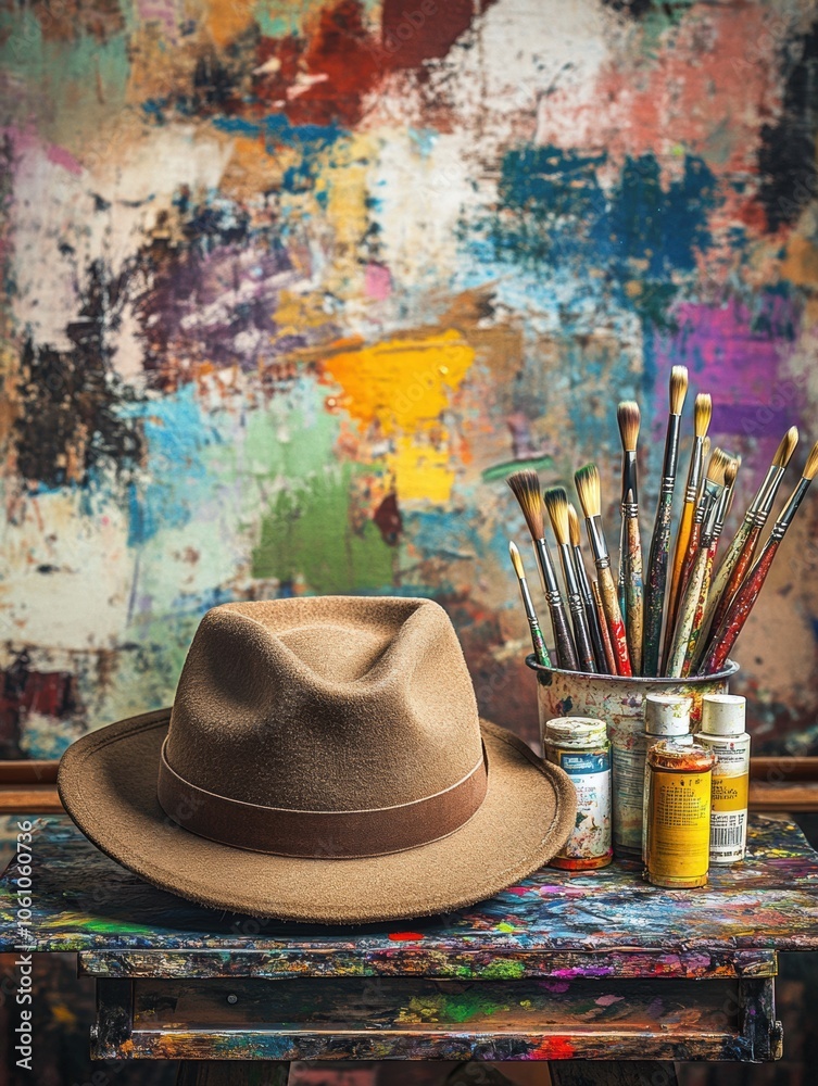 Aufkleber a casual artist's hat lies next to vibrant paint tubes and brushes on an easel in a studio bursting 