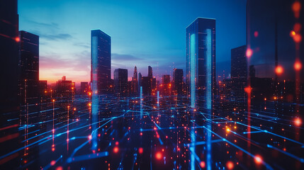 Fototapeta premium Smart digital city with connection cyber security network reciprocity over the cityscape . future smart wireless digital city and social media networking systems that connects people within the city