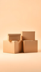 Cardboard boxes placed on a beige background isolated with white highlights, png