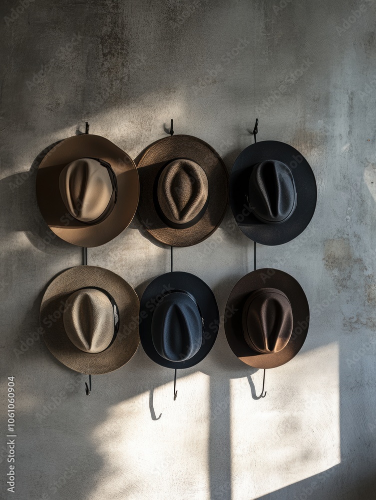 Poster several classic fedora hats hang on hooks, showcasing a blend of materials and colors under soft, wa