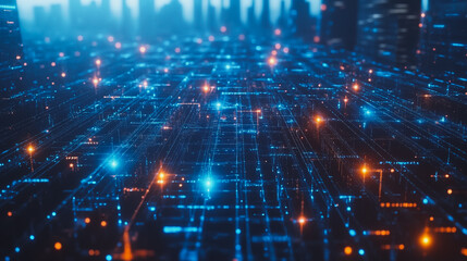 Fototapeta premium Smart digital city with connection cyber security network reciprocity over the cityscape . future smart wireless digital city and social media networking systems that connects people within the city