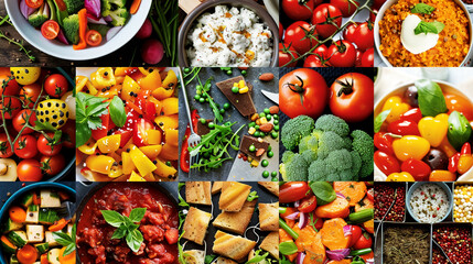 Fototapeta premium A collage of colorful food items, including vegetables, fruit, and grains, displayed on a wooden surface