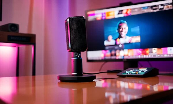 A professional microphone with a stand, a mixing board, and a computer monitor in the background, all lit with pink and blue hues.