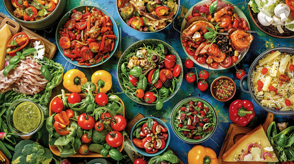 A colorful spread of food on a blue table, including salads, pasta, and seafood, perfect for a summer gathering