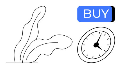 Abstract plant beside an analog clock shows minimalistic style, while a blue BUY button signifies urgency. Ideal for online shopping, time management, business strategy, e-commerce, marketing