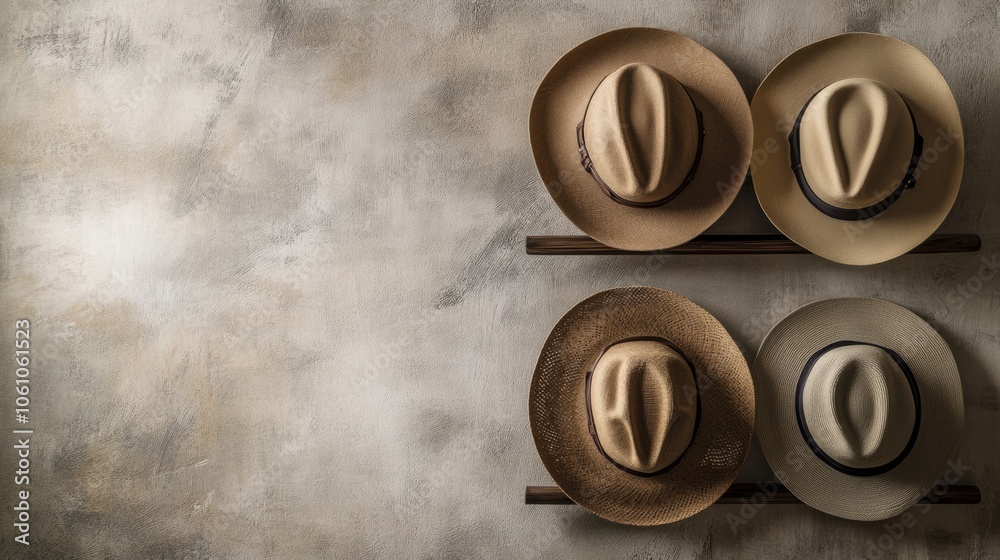 Poster a selection of classic fedora hats elegantly arranged on a wooden shelf, creating a stylish focal po
