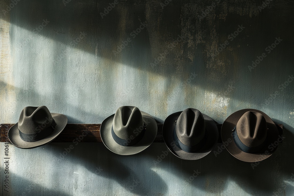 Aufkleber Several classic fedora hats rest on a wooden rack, illuminated by soft natural light in an indoor setting during daytime. Generative AI