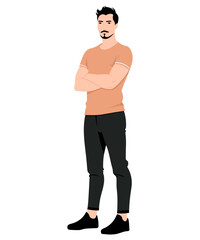 Fototapeta premium Vector illustration. A man in a soft peach-colored T-shirt and dark trousers, his arms crossed.