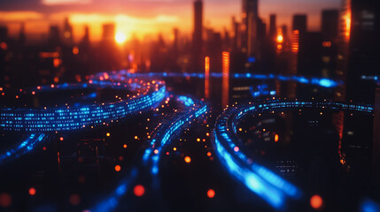 Obraz premium Smart digital city with connection cyber security network reciprocity over the cityscape . future smart wireless digital city and social media networking systems that connects people within the city