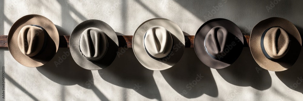 Poster several classic fedora hats are neatly lined up on a wooden shelf, casting interesting shadows durin