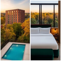 Luxury hotel room with a view of a rooftop pool and fall foliage.