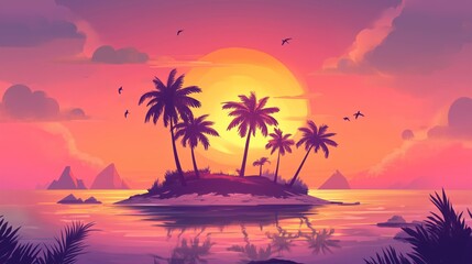 Naklejka premium Pixel art of a small island with palm trees at sunset in the ocean