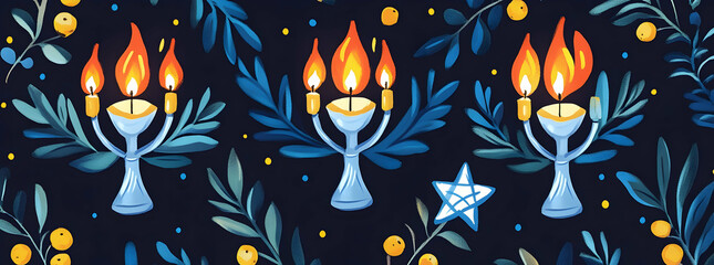 A Hanukkah pattern featuring menorahs, stars of David, and olive branches for holiday celebrations  -