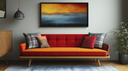 A cozy bench with plaid, pillow, and wall art brings a mid-century flair to this modern living room.