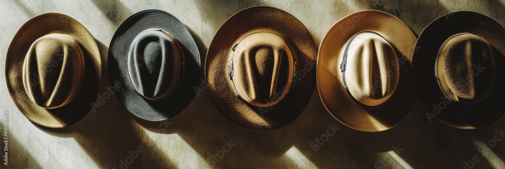 Poster a collection of classic fedora hats in varying shades arranged neatly, highlighting their distinctiv