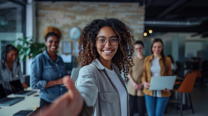 young female executive extends her hand to greet a partner in her office.